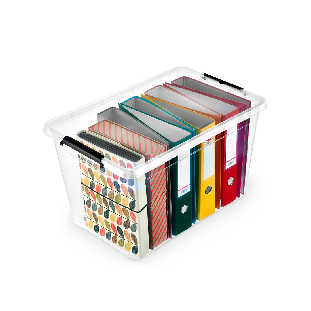 Moxom SimpleStore-Behälter, Fassungsvermögen 60 l, transparent, Deckel mit Clipverschluss, mit Rollen, BPA-frei, 04-0081, 2 Stück