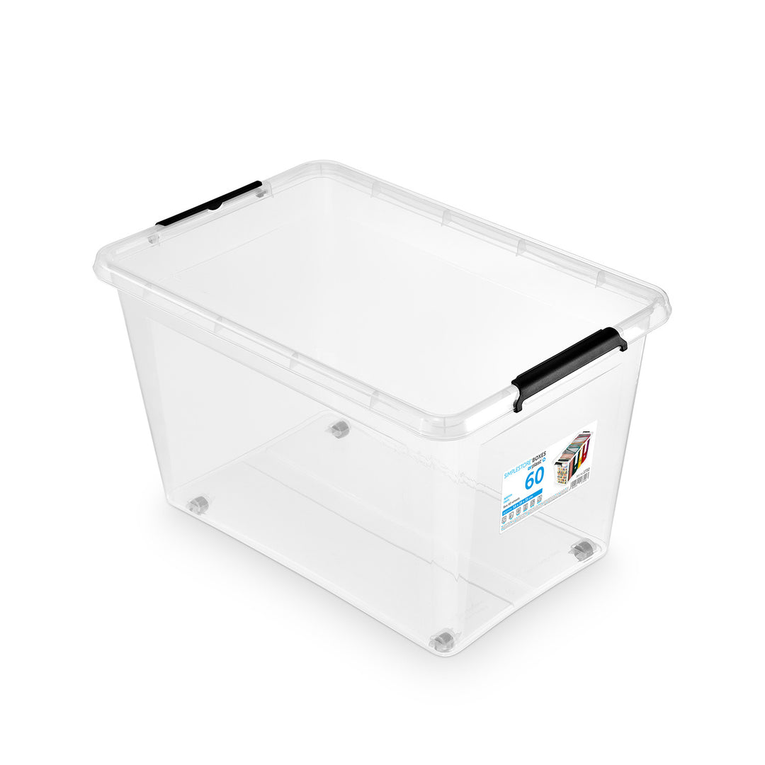 Moxom SimpleStore container, 60L capacity, transparent, snap-on lid, with casters, BPA-free, 04-0081, 3 pieces