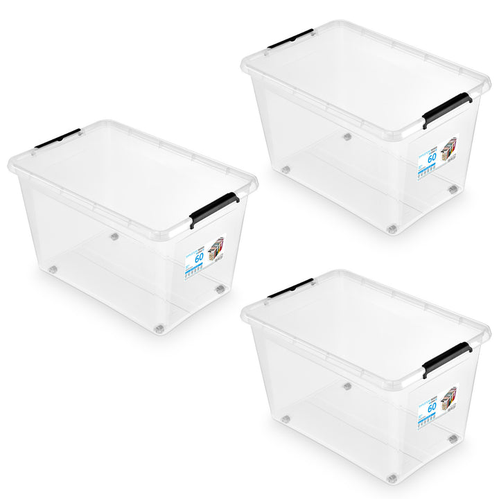 Moxom SimpleStore container, 60L capacity, transparent, snap-on lid, with casters, BPA-free, 04-0081, 3 pieces