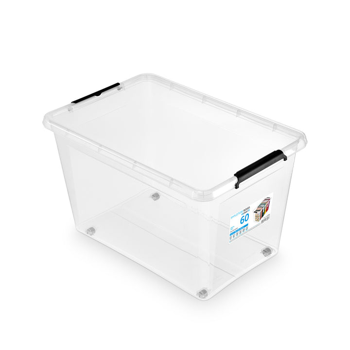 Moxom SimpleStore-Behälter, Fassungsvermögen 60 l, transparent, Deckel mit Clipverschluss, mit Rollen, BPA-frei, 04-0081, 4 Stück