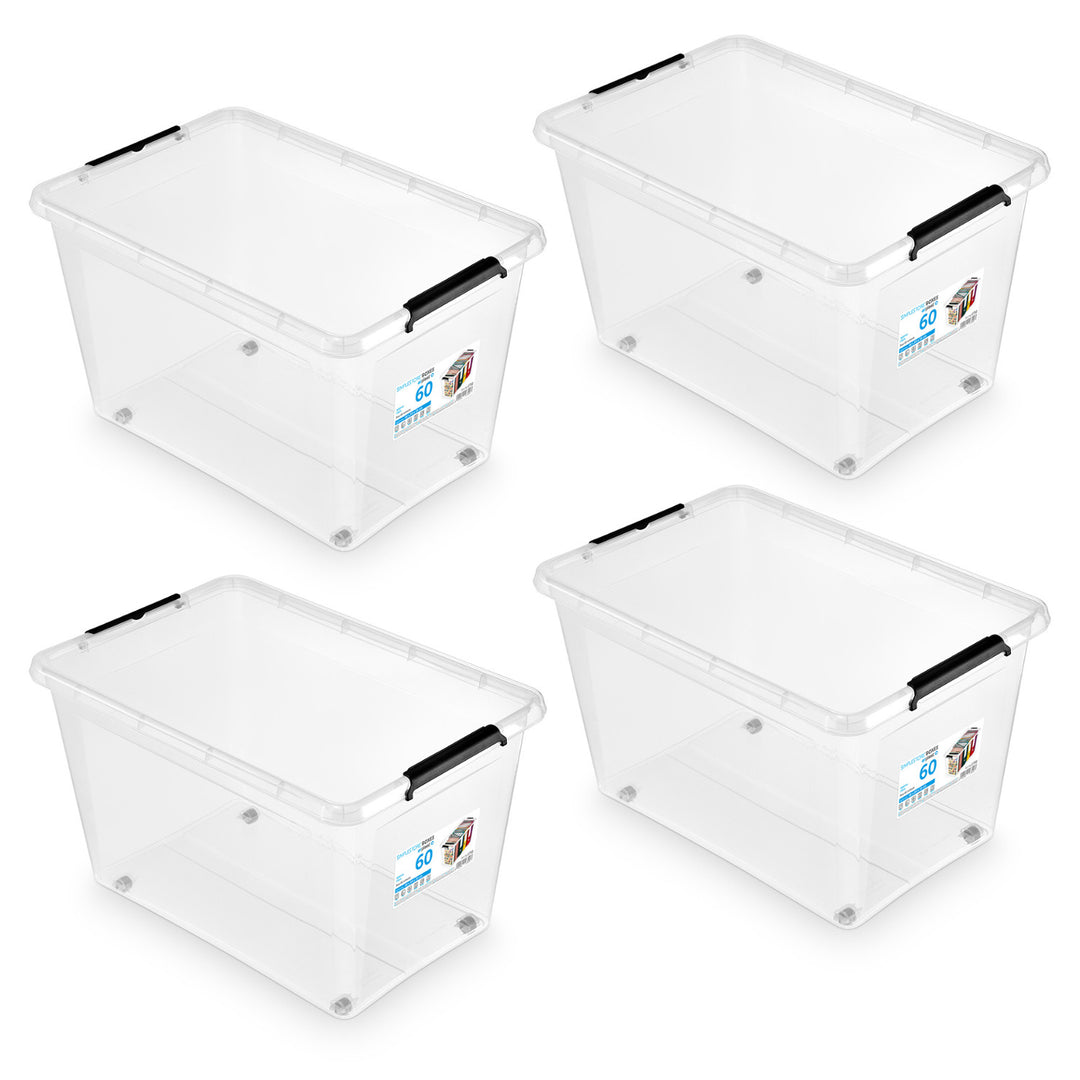 Moxom SimpleStore-Behälter, Fassungsvermögen 60 l, transparent, Deckel mit Clipverschluss, mit Rollen, BPA-frei, 04-0081, 4 Stück