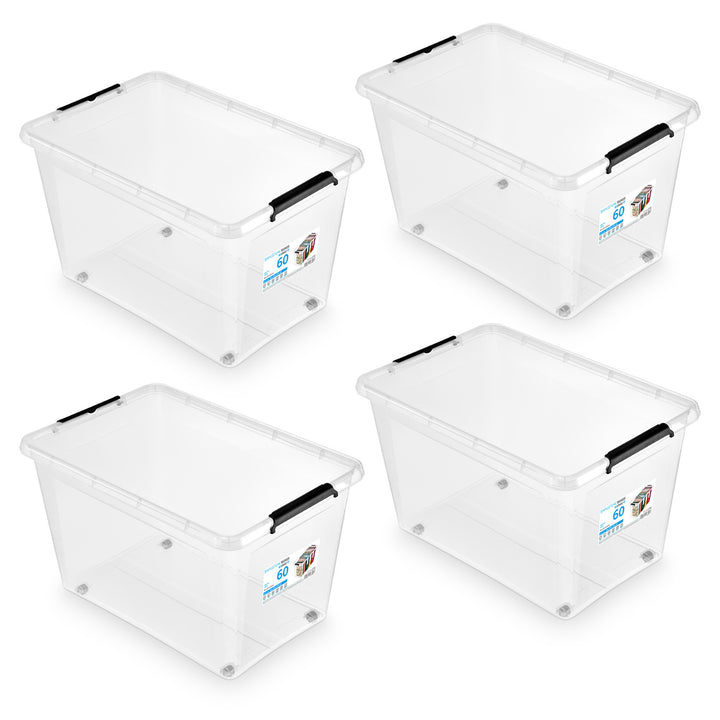 Moxom SimpleStore-Behälter, Fassungsvermögen 60 l, transparent, Deckel mit Clipverschluss, mit Rollen, BPA-frei, 04-0081, 4 Stück