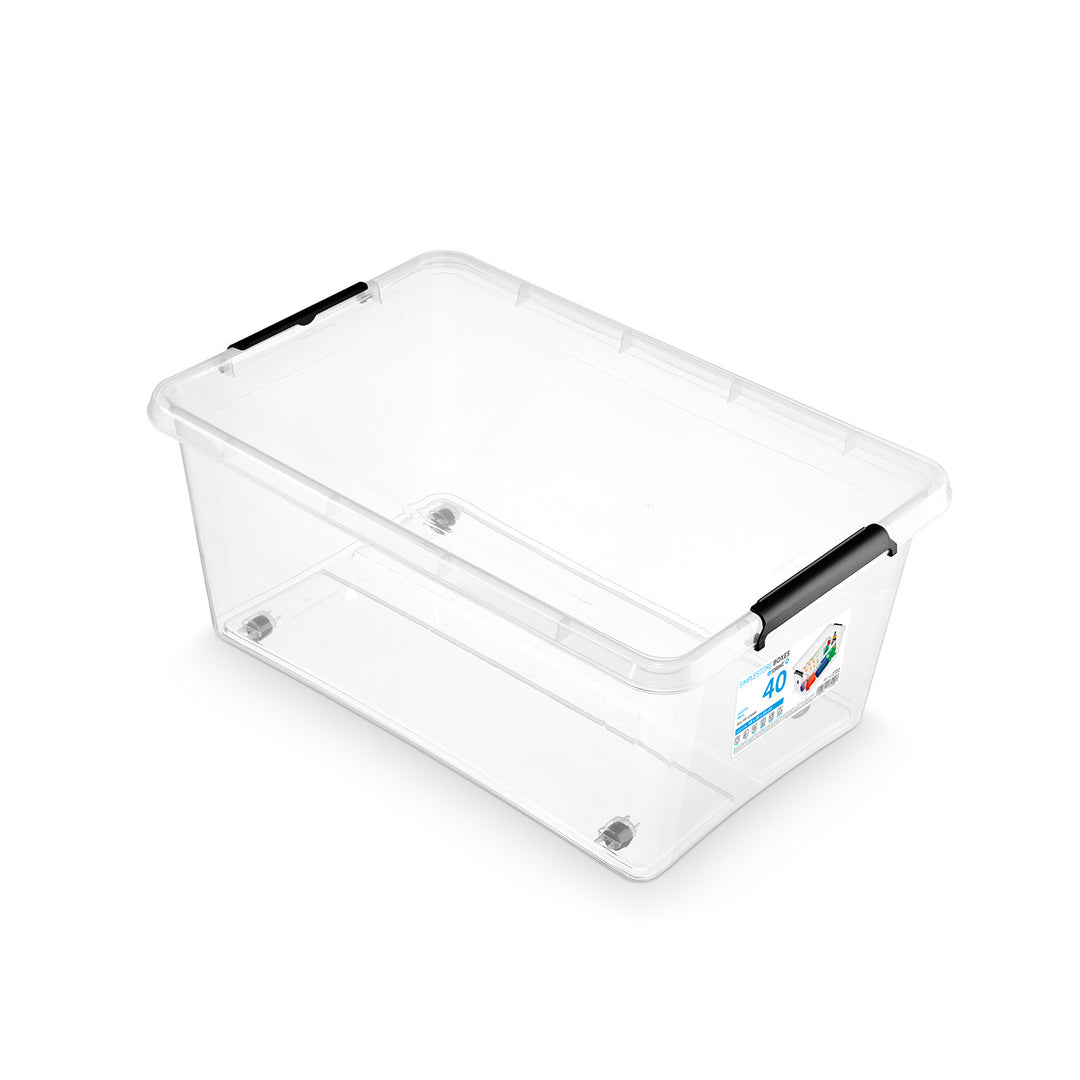 Moxom SimpleStore-Behälter, Fassungsvermögen 40 l, transparent, Deckel mit Clipverschluss, mit Rollen, BPA-frei, 04-0076, 2 Stück