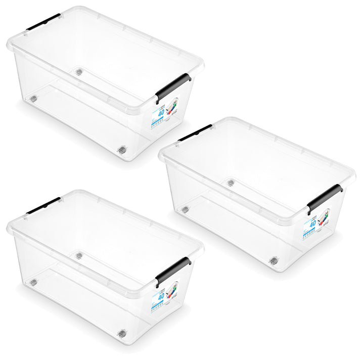Moxom SimpleStore-Behälter, Fassungsvermögen 40 l, transparent, Deckel mit Clipverschluss, mit Rollen, BPA-frei, 04-0076, 3 Stück