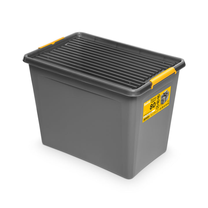 Moxom SolidStore-Behälter, Fassungsvermögen 80 l, grau, Deckel mit Clipverschluss, mit Rollen, BPA-frei, 04-0217, 2 Stück