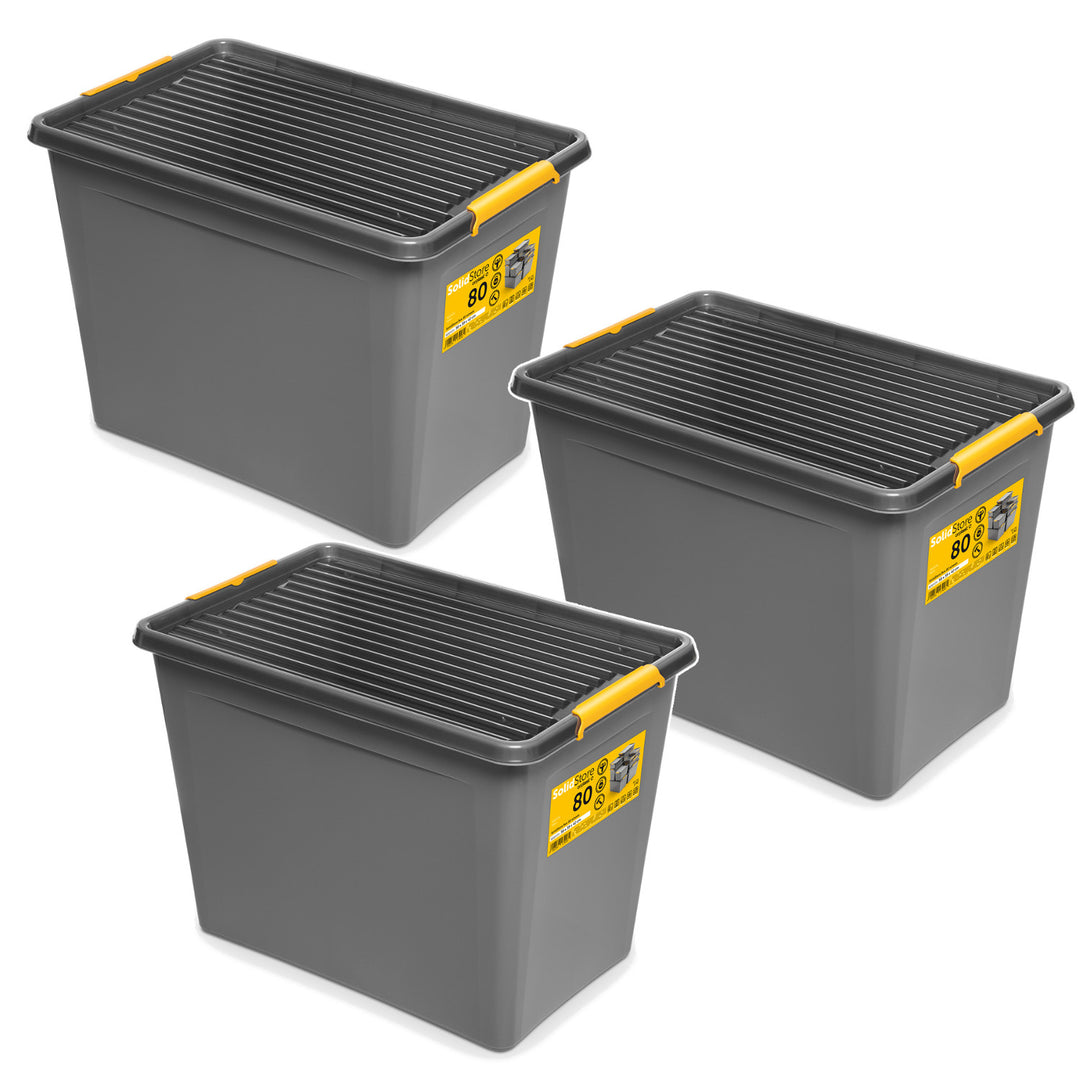 Moxom SolidStore-Behälter, Fassungsvermögen 80 l, grau, Deckel mit Clipverschluss, mit Rollen, BPA-frei, 04-0217, 3 Stück