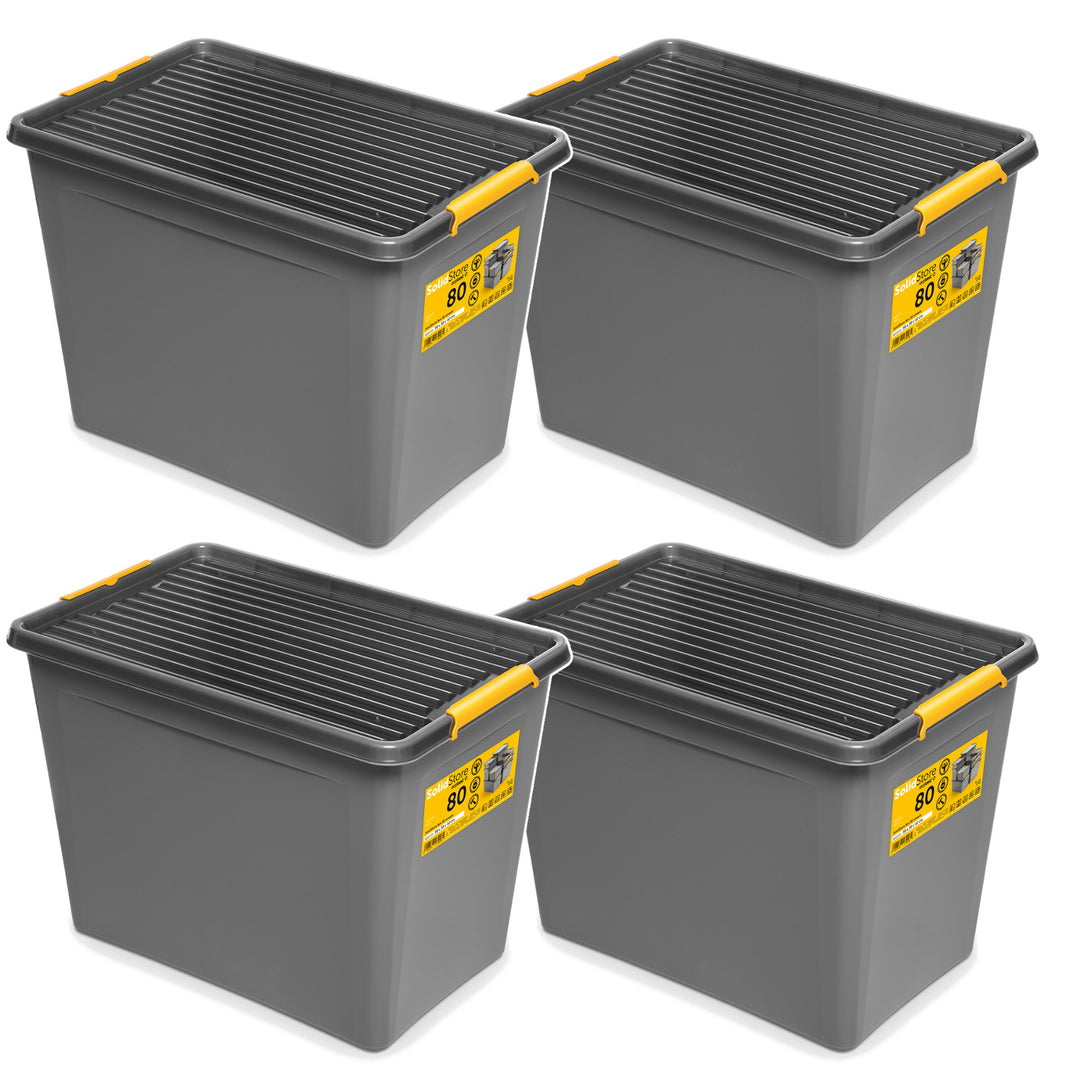 Moxom SolidStore-Behälter, Fassungsvermögen 80 l, grau, Deckel mit Clipverschluss, mit Rollen, BPA-frei, 04-0217, 4 Stück