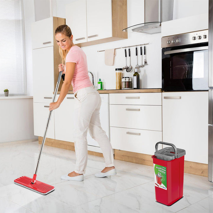 GreenBlue flat mop with bucket and wringer, two HQ microfiber pads, 5.7L capacity, MaxiClean GB870 + 4 Vileda Pur Active Colors scrub pads