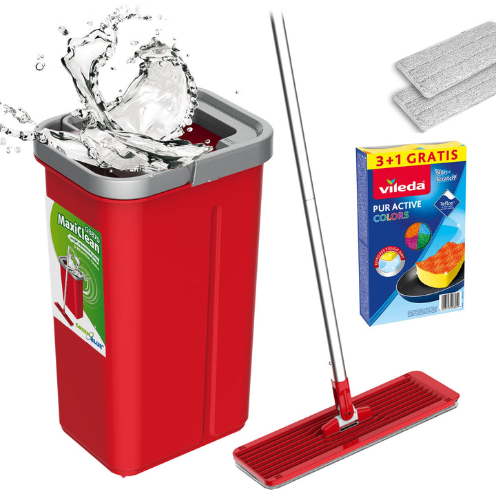 GreenBlue flat mop with bucket and wringer, two HQ microfiber pads, 5.7L capacity, MaxiClean GB870 + 4 Vileda Pur Active Colors scrub pads