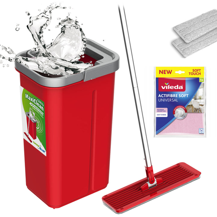 GreenBlue flat mop with bucket and wringer, two HQ microfiber pads, 5.7L capacity, MaxiClean GB870 + Vileda Actifibre Soft cloth