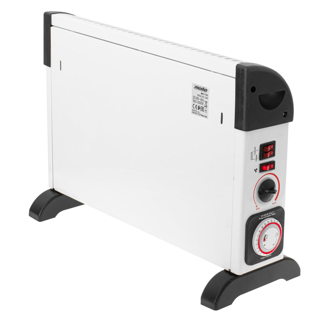 Convector eléctrico, termostato, 2000 W, temporizador de 24 horas, blanco, cable de 150 cm, Mesko, MS 7741W