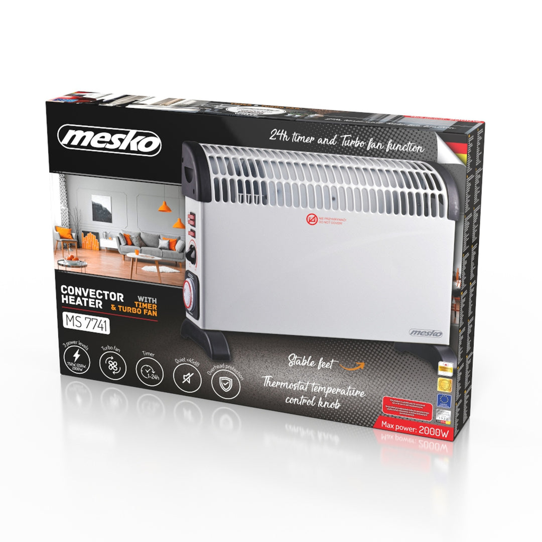 Convector eléctrico, termostato, 2000 W, temporizador de 24 horas, blanco, cable de 150 cm, Mesko, MS 7741W