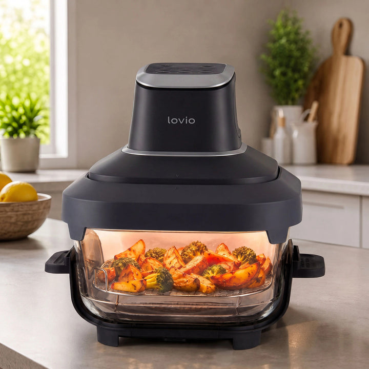 LOVIO PureFry Ultra Crisp LVAF003BK Oil-Free Air Fryer, 4L + 1.5L, 1550W, Black, Glass Baskets