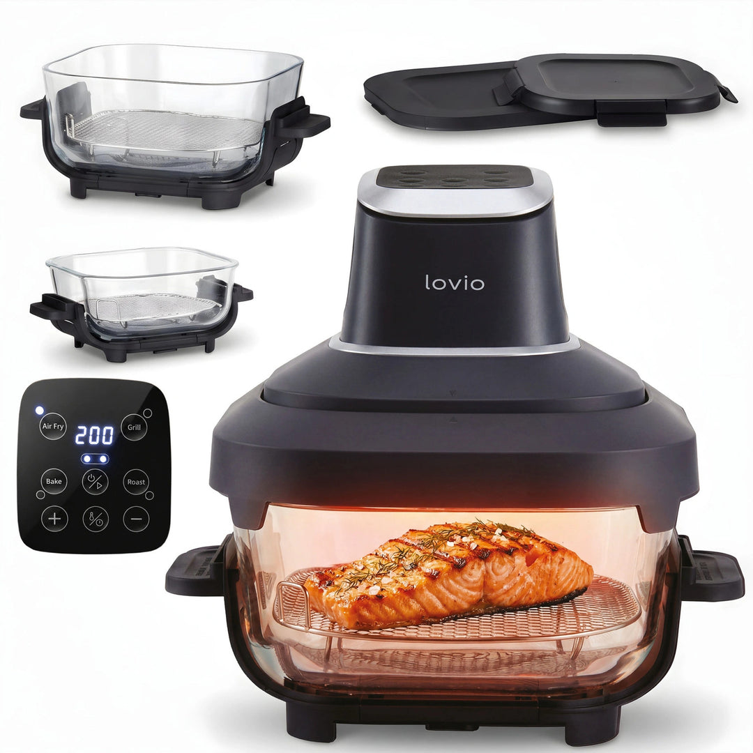 LOVIO PureFry Ultra Crisp LVAF003BK Oil-Free Air Fryer, 4L + 1.5L, 1550W, Black, Glass Baskets