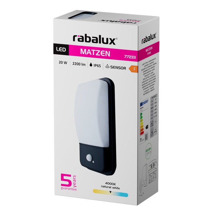 Aplique de exterior, Matzen, LED 20 W, 1860 lm, 4000 K, H 30 cm, IP65, negro, con sensor PIR, 77233
