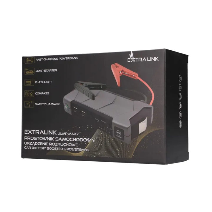 Démarreur d'urgence Extralink Jump Max7, capacité de 10 000 mAh, 3 LED, lampe de poche, boussole, marteau, courant de démarrage de 400 A, courant de crête de 1 000 A