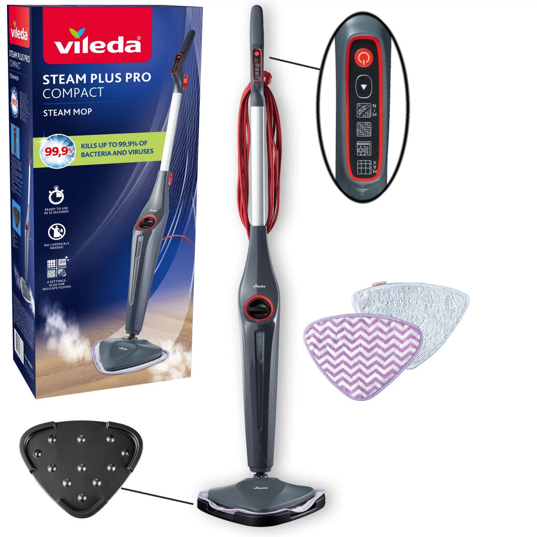 Vileda Steam Plus Pro Steam Mop, kills 99.9% of bacteria, heats up quickly, suitable for all types of floors, 180839