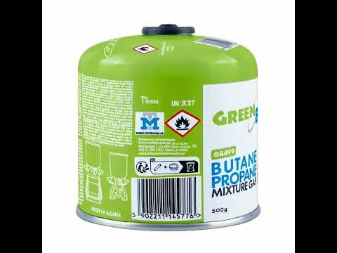 GreenBlue 500g gas cartridge. Certification: Pi 0437, compliant with EN 417, butane-propane, operating range -10°C to +40°C, 7/16'' threaded valve GB499