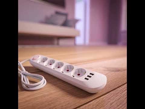 Regleta de enchufes Maclean, cable alargador de 5 tomas + 3xUSB, 110-240 V CA 50/60 Hz, 2,1 A máx. 2500 W, 1,5 m, blanco, MCE395 W
