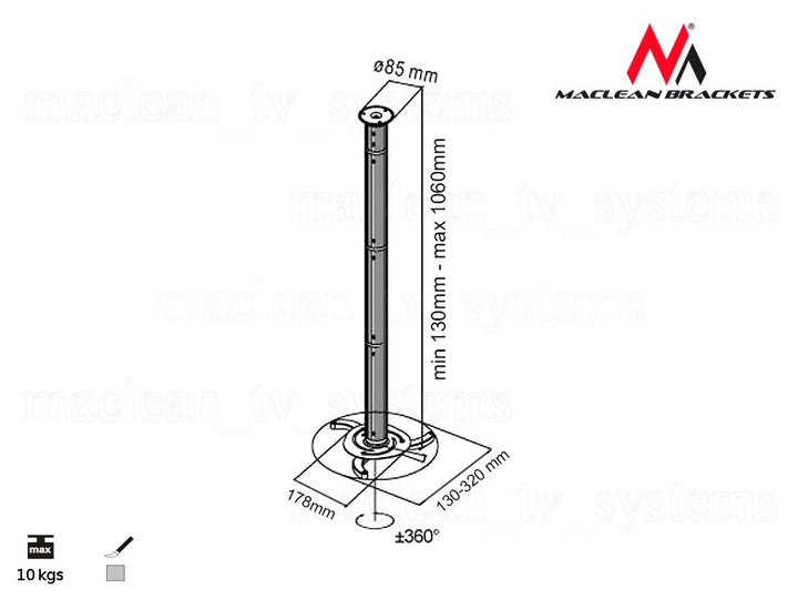 Brackets de MacLean MC -517S Universal Projector Techo Monte AM ARMA AJUSTABLE 8cm - 98 cm Soporte de soporte retráctil