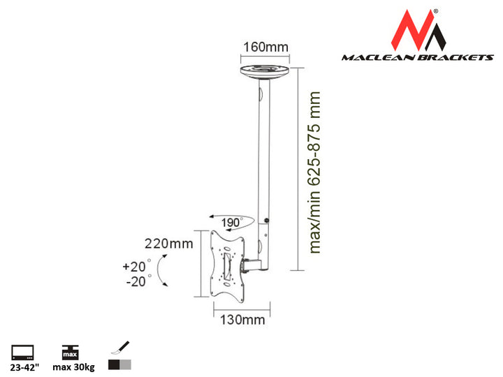 Maclean MC-504A TV Ceiling Mount Bracket Adjustable 23" - 42" 30kg VESA