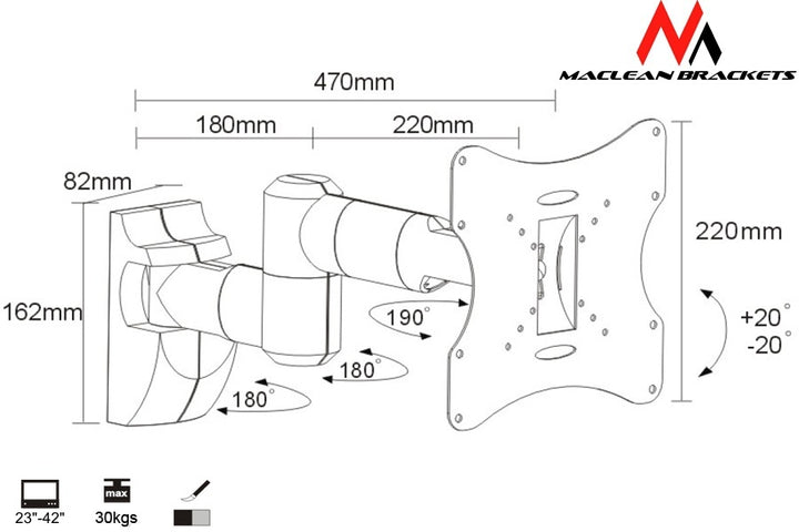 Maclean MC-502A TV-muurbeugel LCD LED Plasma 3D 23-42'' tot 30kg max vesa 200x200 Zilver