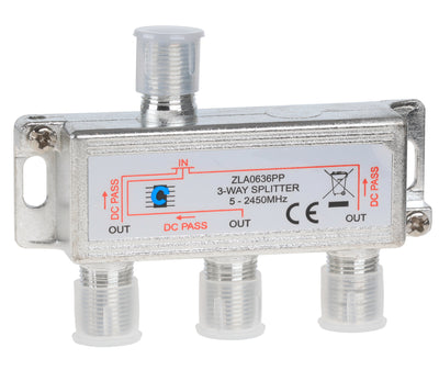 F - sat splitter 3 outputs 5 - 2450 MHz connessione DC: socket F