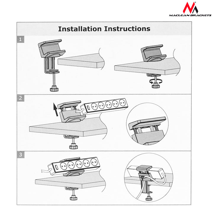 Maclean Brackets MC-808 Desk Holder For a Power Strip White