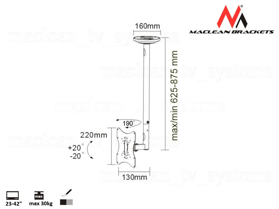 Maclean MC -504A B Soporte de techo de soporte TV 30 kg VESA 23 " - 42" LCD Solid Metal