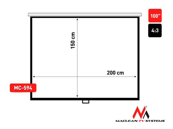 Maclean MC-594 Écran de projection 100 "4: 3 200x150 à verrouillage automatique