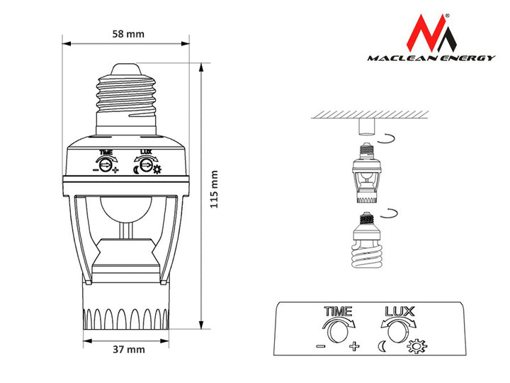 Porte-ampoule Douille avec détecteur de mouvement et crépuscule Pir 1200W Maclean Energy MCE20