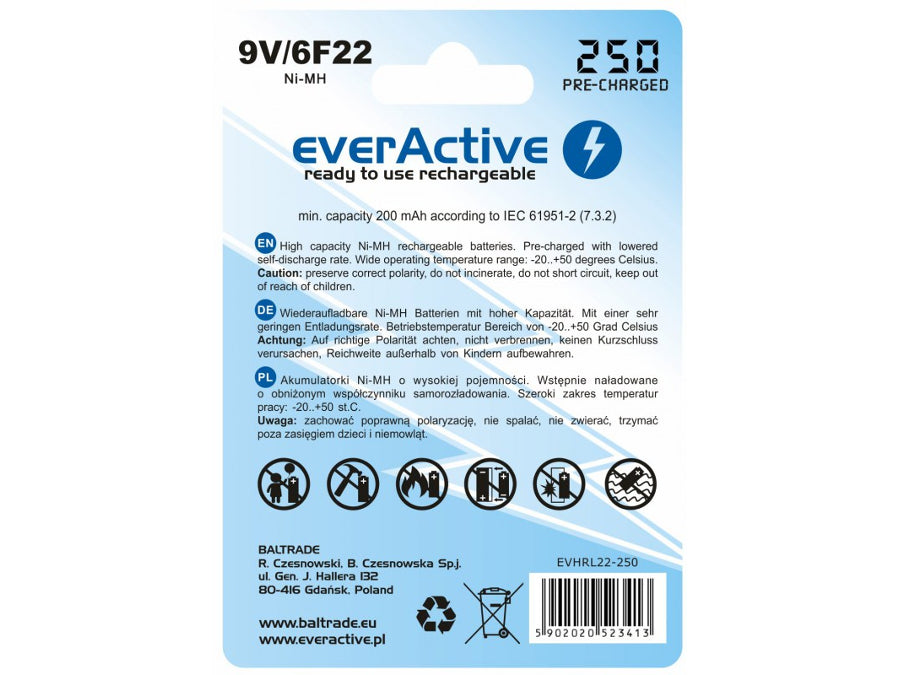 Battery everActive Ni-MH 9V 6F22 250mAh Silver Line