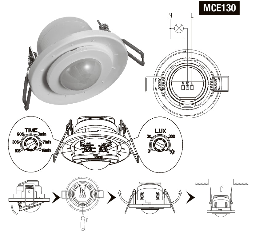 MACLEAN MCE130 Détecteur de mouvement de plafond infrarouge 360º Flush-Mount 6M IP20