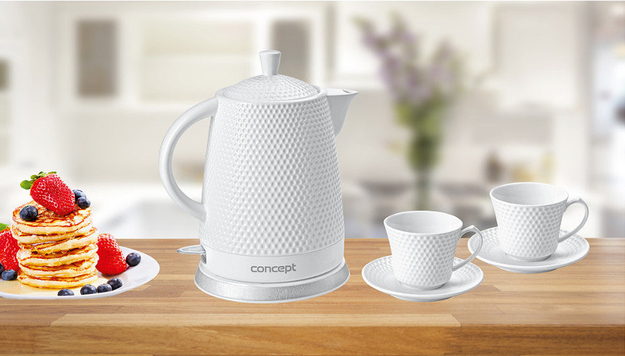 Concept RK0040 Ceramic Kettle Electric + 2 Cups + 2 Saucers Teacup Set Auto Shut Off 1.5 L 1500 W