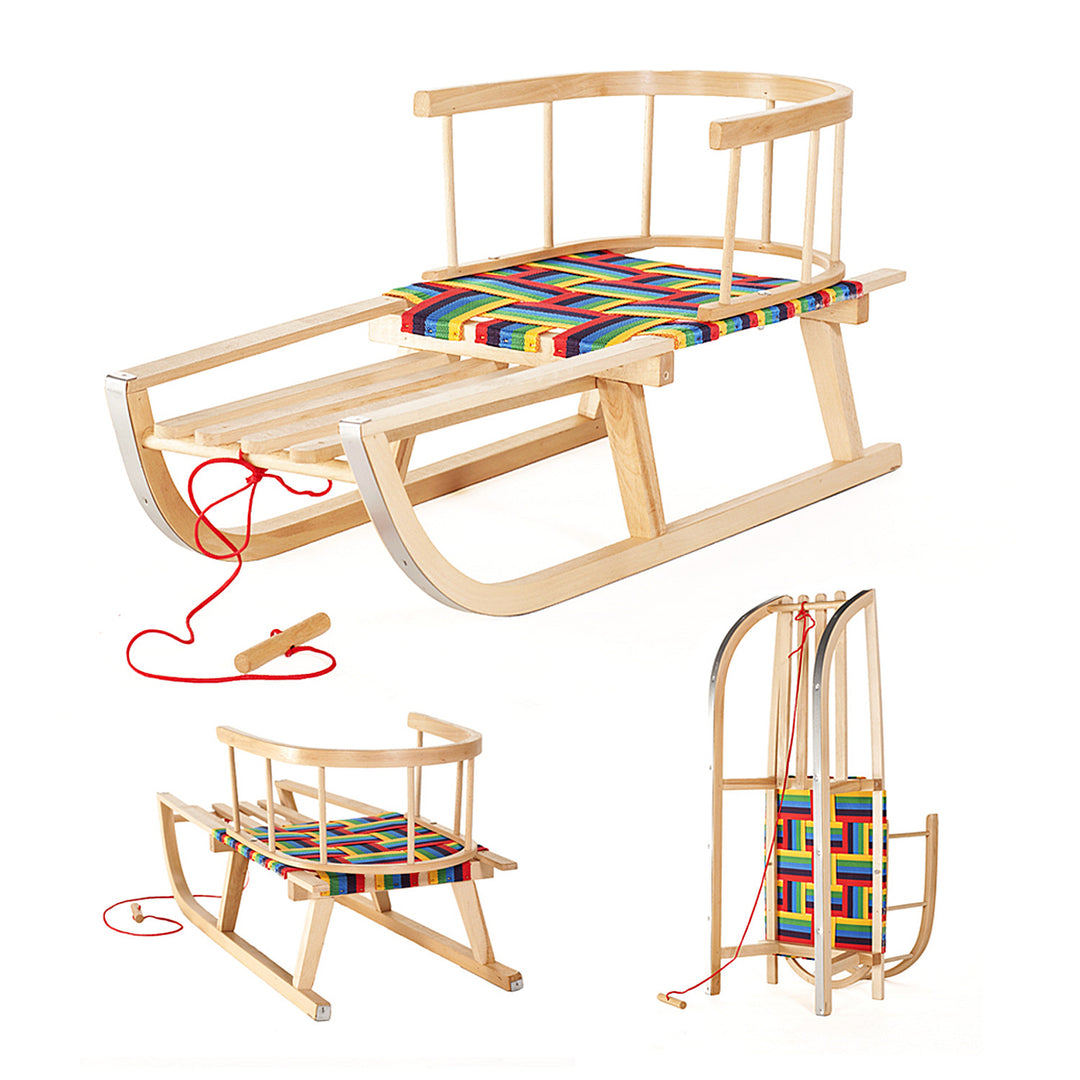 GreenBlue GB138 Wooden Kids Sledge con asiento extraíble de tela de respaldo y Cuerda Floja de Cuerda Robusta