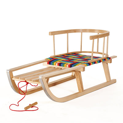 GreenBlue GB138 Trineo de madera para niños con respaldo extraíble, asiento de tela y cuerda para tirar, madera de haya resistente