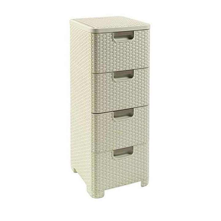 Curver 209907 Storage Unit with Drawers Curver Rattan Style Chest of Drawer Organiser Closet 4x 14L - Cream White