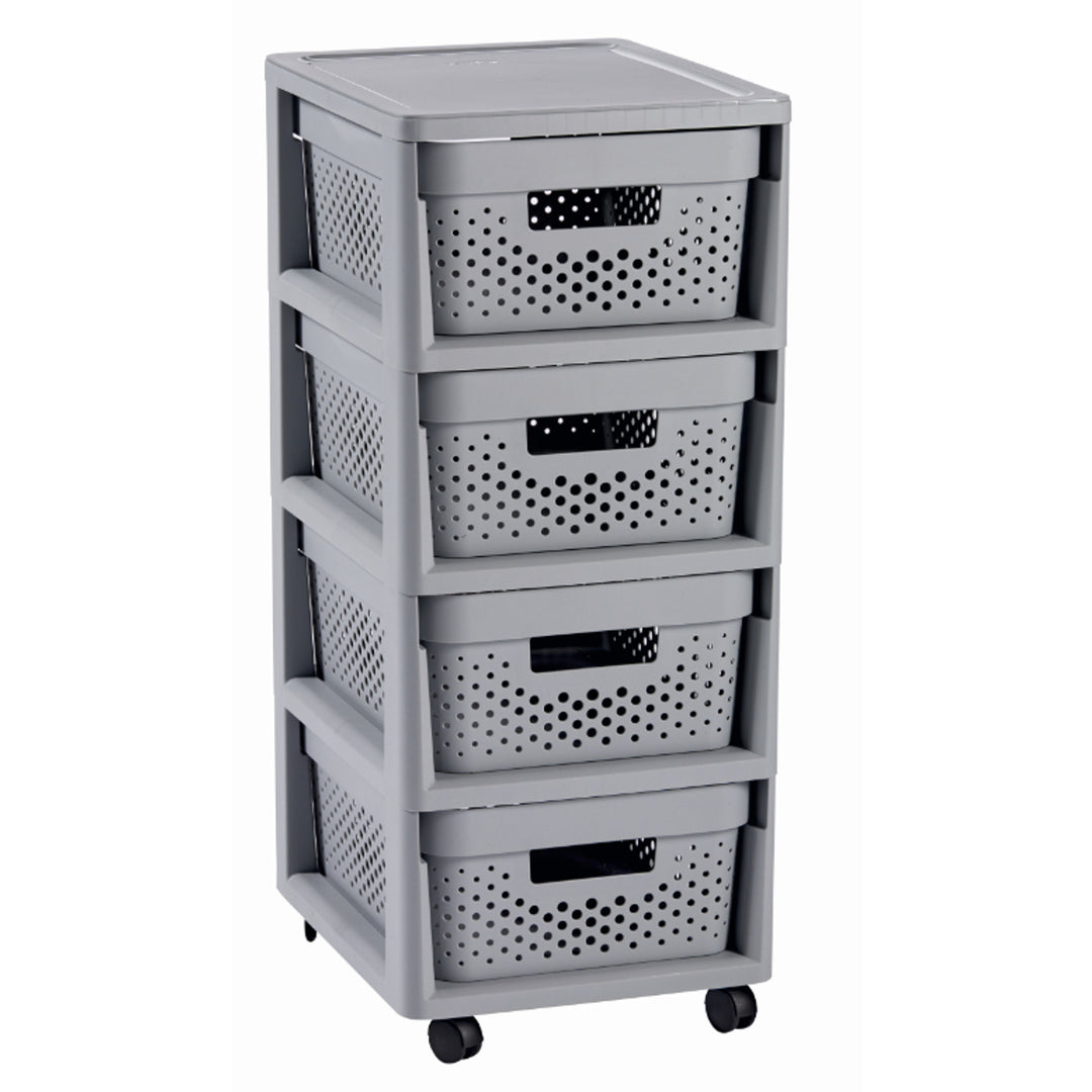 Curver - Mueble Organizador 4 Cajones Infinity con Ruedas - Cajones Extraíbles - Colores Gris / Blanco