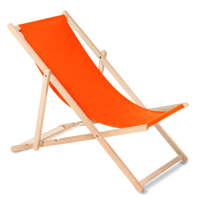 Wooden Deck Chair Orange Sunbed Beech Wood Reclining 3 Positions Garden Beach Patio Summer Outdoor