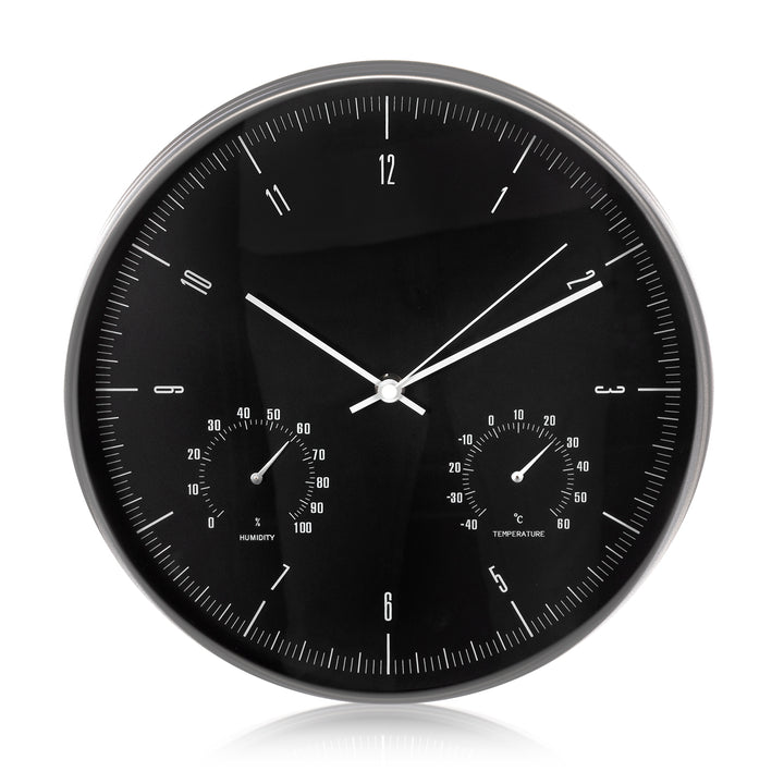 Silent Wall Clock 12" 30cm Silver & Black with Thermometer and Hygrometer