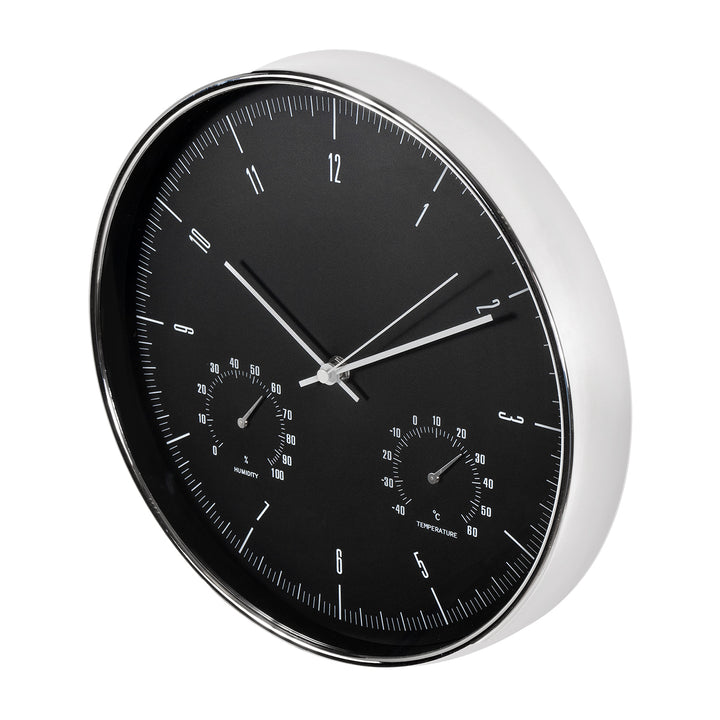 Silent Wall Clock 12" 30cm Silver & Black with Thermometer and Hygrometer