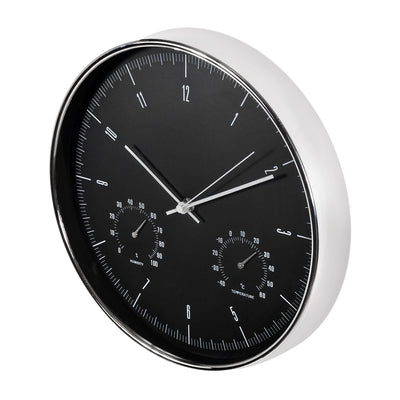 Reloj de pared silencioso 12 "30 cm negro plateado con termómetro y higrómetro