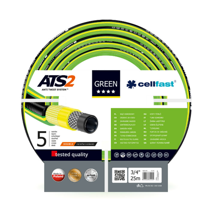 Cellfast Garden Hose ATS2 1/2" 25m Watering Pipe 5-Layer Anti Twist System Super Flexible Double Braided