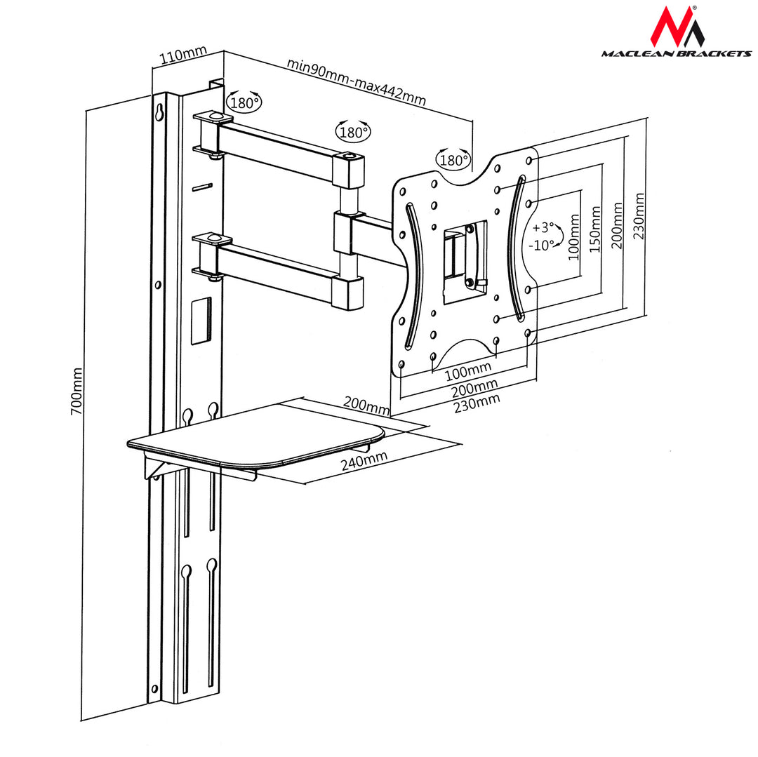 MacLean MC-771 TV Supricto de pared Montaje 23 "- 42" con DVD Xbox PS4 Estante de 30 kg VESA LCD LED Plasma