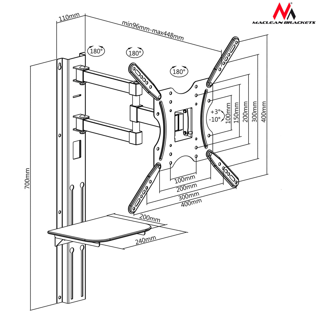 MacLean MC-772 TV Wall Bracket Holder Mount Shelf DVD Xbox PS4 PS5 LCD LED 32 "- 55"