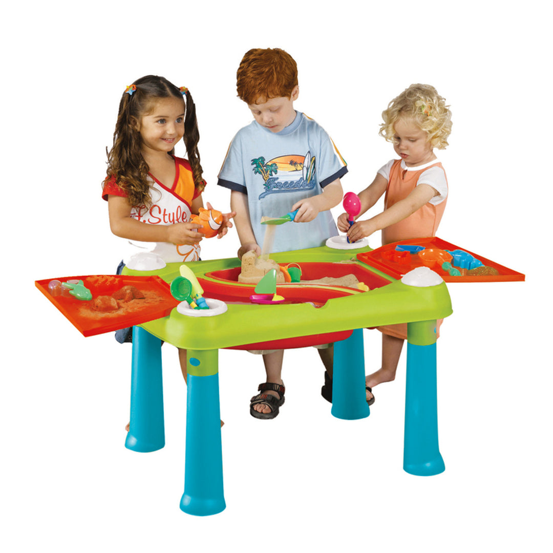 Keter Creative Fun Table Zandbak tafel Opklapbare kindertafel Speeltafel 79 x 56 x 50 cm, Turquoise/Rood/Groen