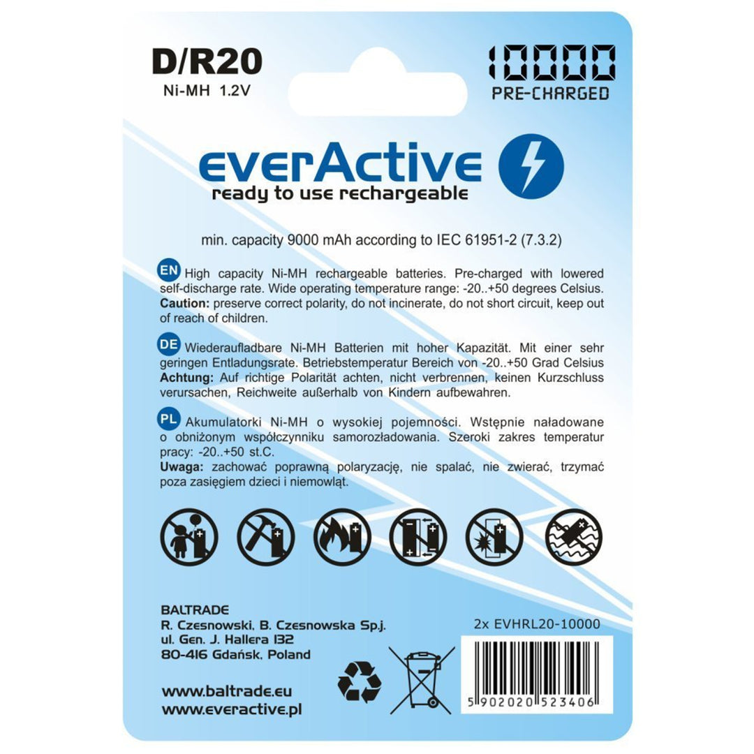 2x R20 D 10000mAh Rechargeables everActive Professional