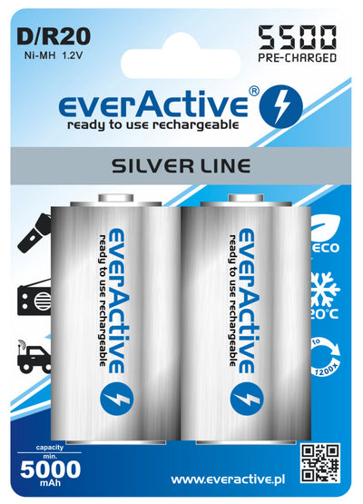 2 Stück Batterie (1 Blister)-R20 D 5500mAh EverActive wiederaufladbare Silver Line