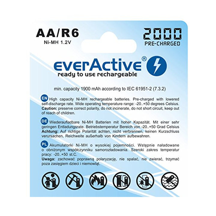 4x batteries 2000 mAh Rechargeable everActive R6 / AA