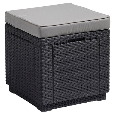 Keter Allibert Garden Cube Sitz und Aufbewahrungsbox mit Kissen, Polyrattan-Struktur, Grau